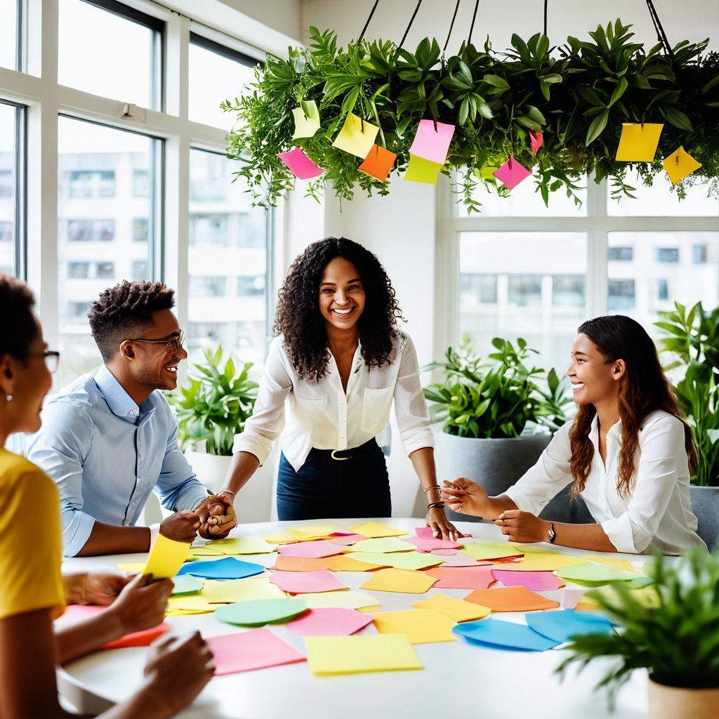 A bright, lively office space filled with diverse employees joyfully collaborating around a circular table, surrounded by plants and artwork. A cheerful manager is leading a brainstorming session with colorful sticky notes and a smile. Sunlight filters through large windows, creating a warm atmosphere. Focus on vibrant expressions and engagement. super-realistic. vibrant colors. white background.