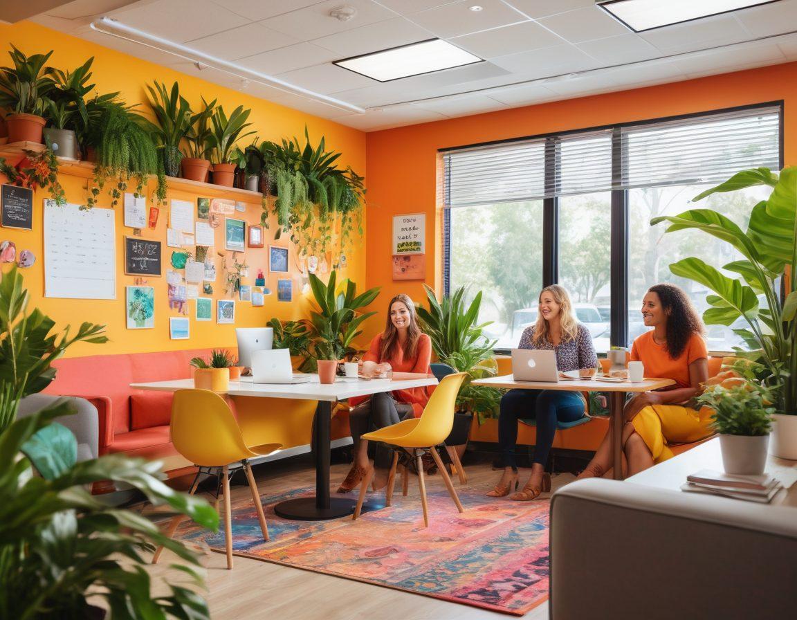 A vibrant office scene showcasing diverse employees collaborating happily, surrounded by plants and colorful artwork. Include elements of teamwork, such as brainstorming on a whiteboard and sharing ideas over coffee. Feature smiling faces, a cozy break area, and motivational quotes on the walls, embodying a sense of positivity and creativity. super-realistic. vibrant colors. bright atmosphere.