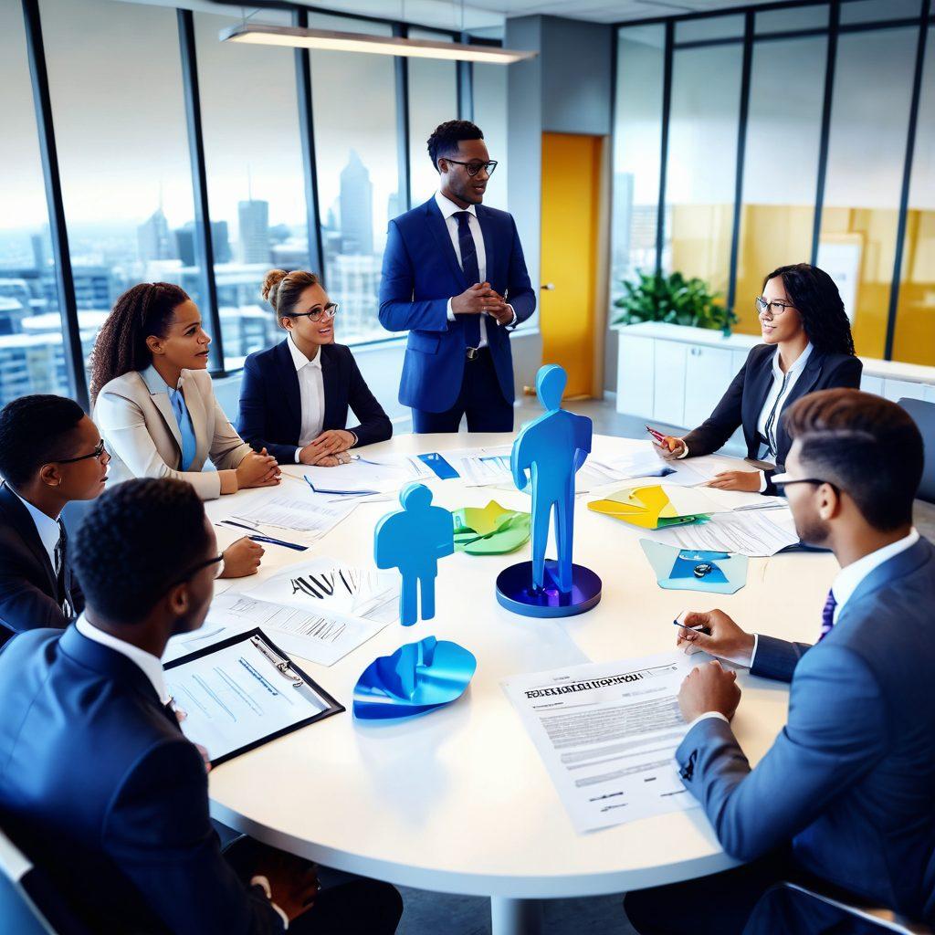 A professional setting showcasing a diverse group of individuals engaging in a lively discussion over a large, shiny key symbolizing success. In the background, a modern office environment with documents representing employment verification, and supportive mentors guiding young professionals. The scene conveys a sense of collaboration, achievement, and empowerment. super-realistic. vibrant colors. 3D.